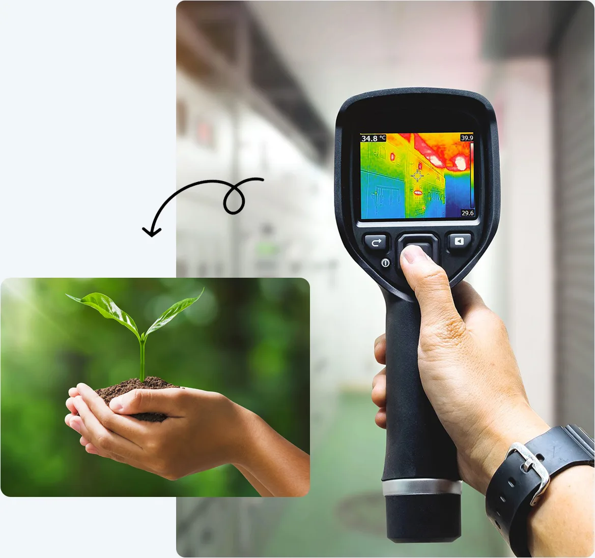 Thermal imaging camera and hand holding plant in soil